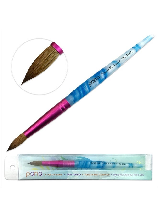 Pana USA Acrylic Nail Brush Pure Kolinsky Hair Acrylic White Swirl Blue Handle with Pink Ferrule Round Shaped - Size 10 - Image 1