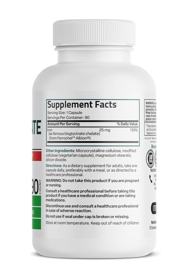 برونسون بيسجليسينات الحديد 25 مجم لطيف على المعدة، يدعم الطاقة وإنتاج خلايا الدم الحمراء الصحية - تركيبة لا تسبب الإمساك - غير معدل وراثيًا، 90 كبسولة نباتية - Image 2