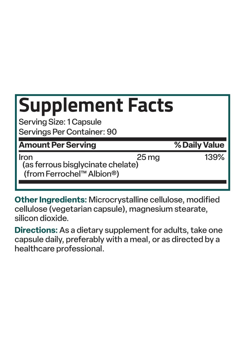برونسون بيسجليسينات الحديد 25 مجم لطيف على المعدة، يدعم الطاقة وإنتاج خلايا الدم الحمراء الصحية - تركيبة لا تسبب الإمساك - غير معدل وراثيًا، 90 كبسولة نباتية - Image 3