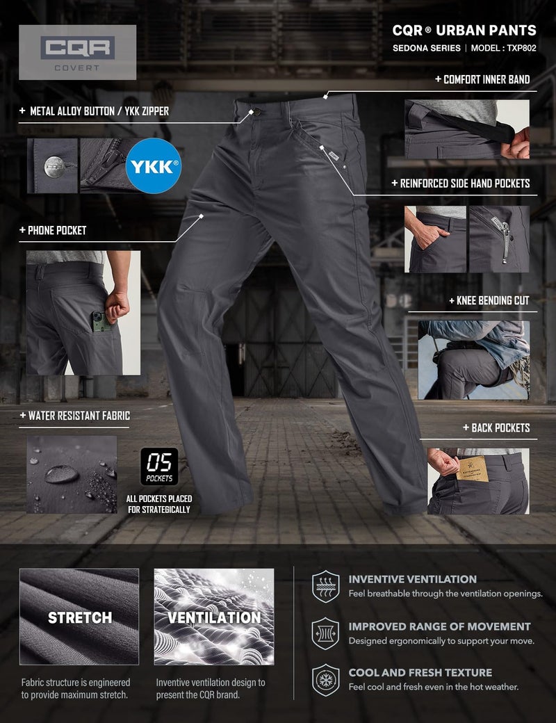 CQR Men's Vent Stretch Pants, Quick Dry Lightweight Casual Cargo Pants, Water Resistant Straight-Fit Utility Work Pants, Sedona Urban Pants Charcoal, 28W x 30L - Image 4