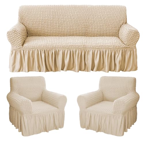 House of Quirk Turkish Bubble Frill Five Seater 3 + 1 + 1 Sofa Slipcovers 280 GSM, Durable Washable Universal Triple Seater High Elastic Furniture Protector (Light Brown) - Image 1