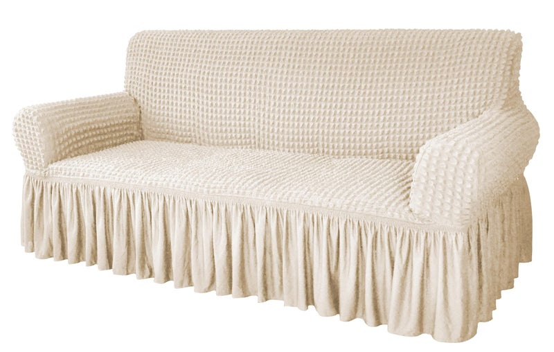 House of Quirk Turkish Bubble Frill Five Seater 3 + 1 + 1 Sofa Slipcovers 280 GSM, Durable Washable Universal Triple Seater High Elastic Furniture Protector (Light Brown) - Image 3