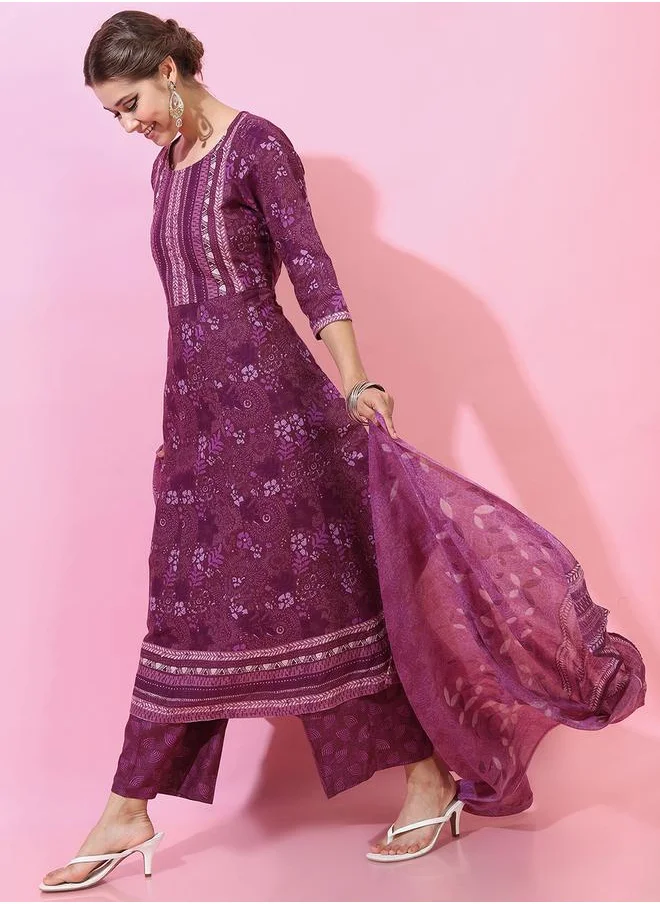 Vishudh Women Purple Cotton Kurta Set with Dupatta by Styli