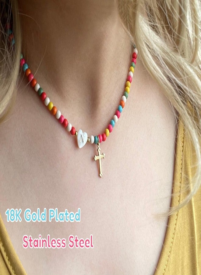 Sanyaa Cross Initial Heart Necklace Colorful Beaded First Communion Baptism Easter Gifts Choker Necklace (Cross #1, E) - Image 2
