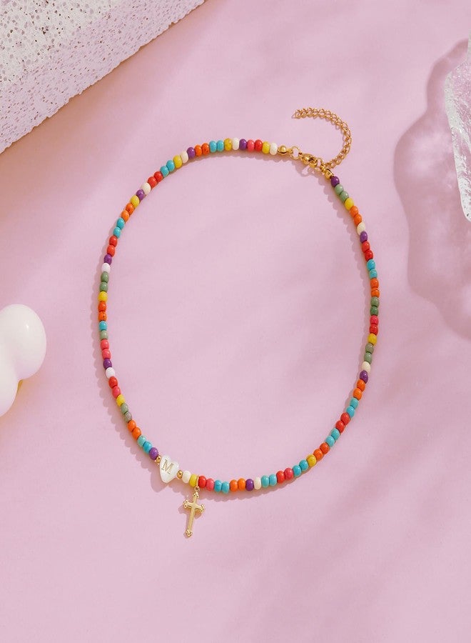 Sanyaa Cross Initial Heart Necklace Colorful Beaded First Communion Baptism Easter Gifts Choker Necklace (Cross #1, E) - Image 4