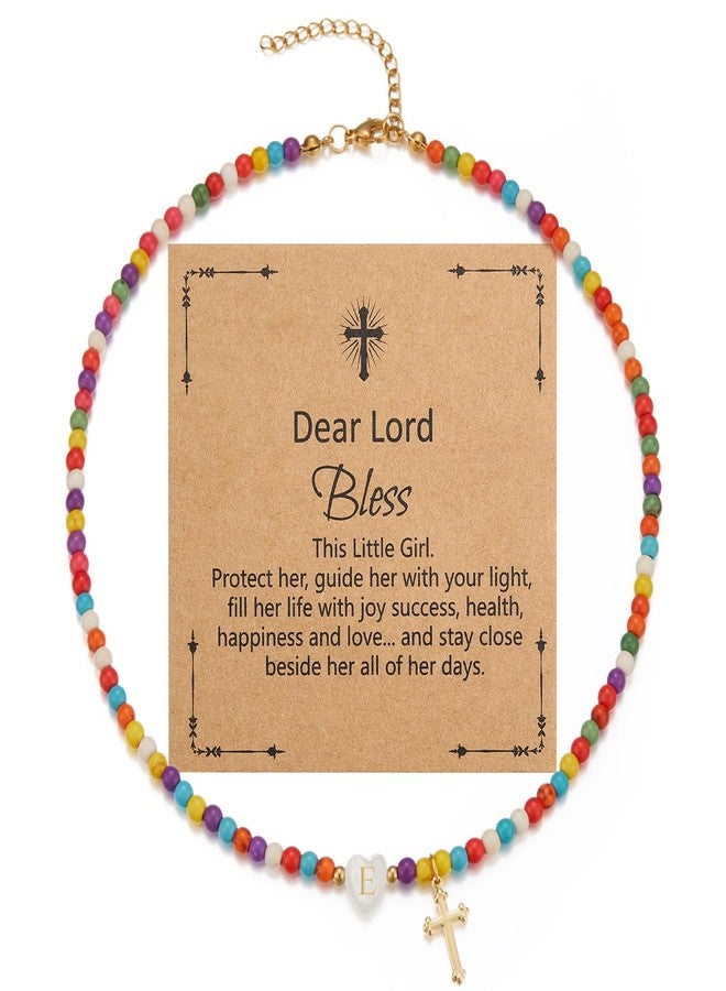 Sanyaa Cross Initial Heart Necklace Colorful Beaded First Communion Baptism Easter Gifts Choker Necklace (Cross #1, E) - Image 1