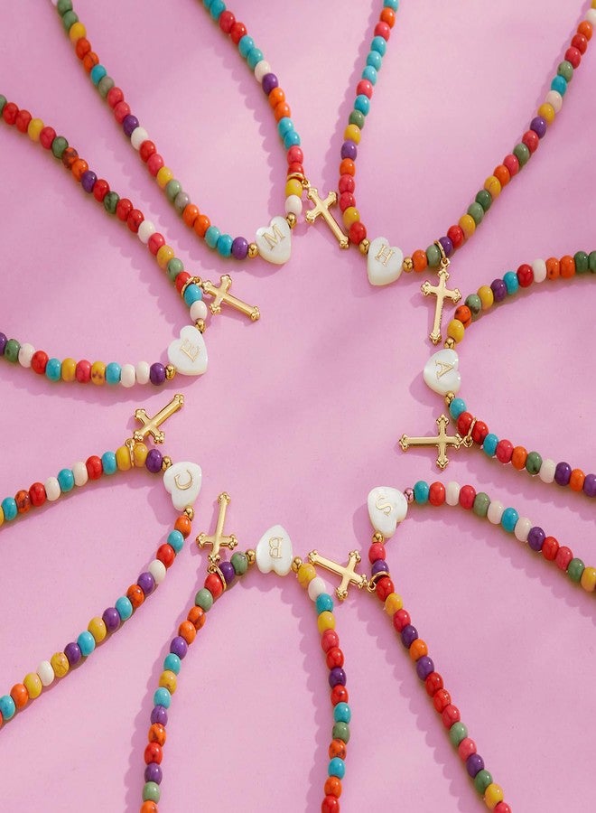 Sanyaa Cross Initial Heart Necklace Colorful Beaded First Communion Baptism Easter Gifts Choker Necklace (Cross #1, E) - Image 3