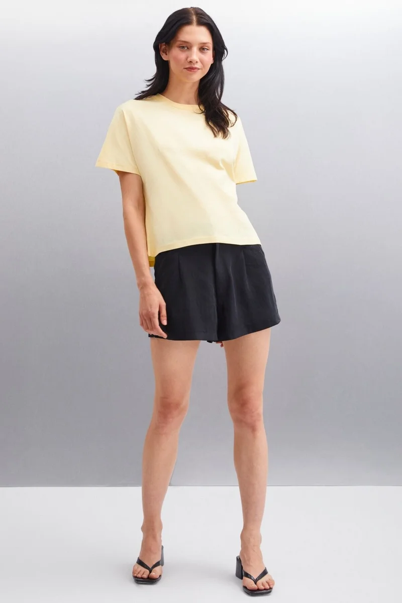 GRIMELANGE Lottie Women's 100% Organic Cotton Regular Fit Crew Neck Basic Short Sleeve Yellow T-shirt