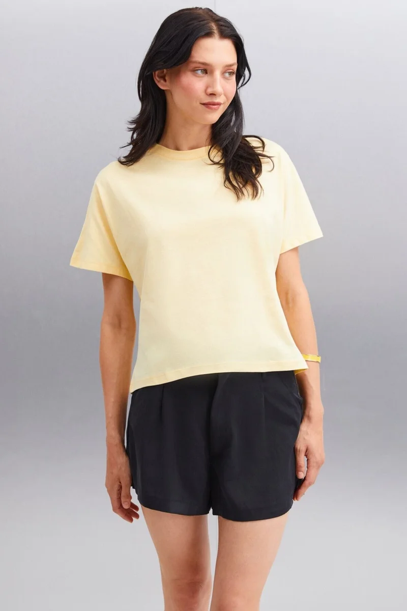 GRIMELANGE Lottie Women's 100% Organic Cotton Regular Fit Crew Neck Basic Short Sleeve Yellow T-shirt