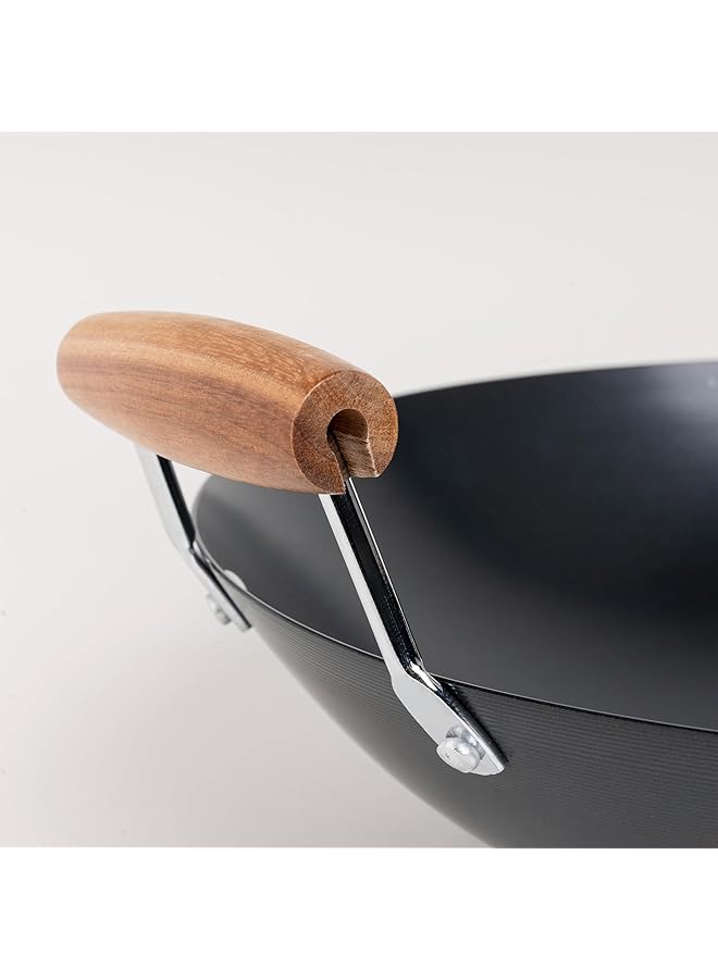 ALBERTO Round Black Wok Carbon Steel Pan With Wooden Handle 38 Cm - Image 2