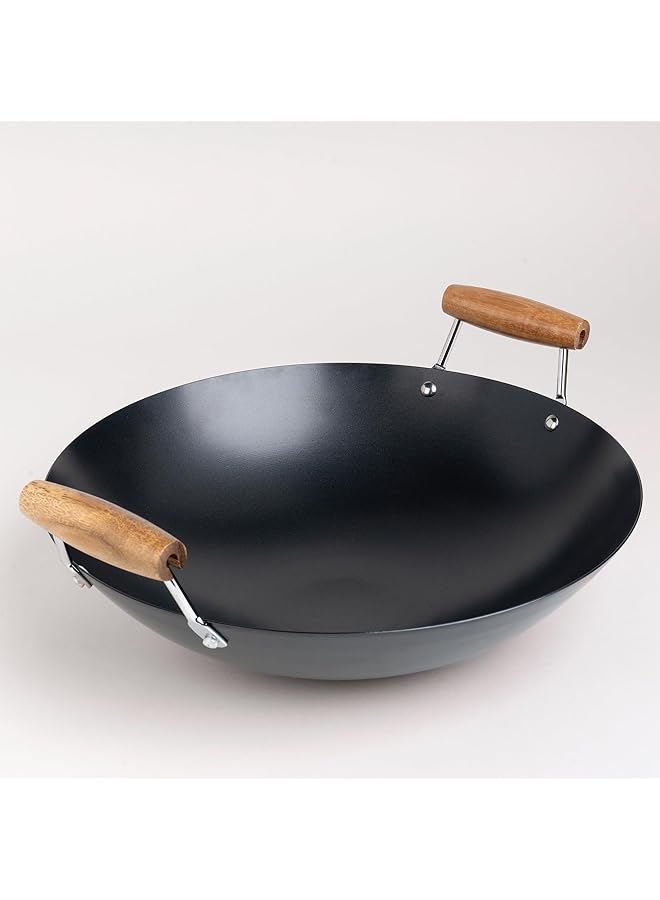 ALBERTO Round Black Wok Carbon Steel Pan With Wooden Handle 38 Cm - Image 1