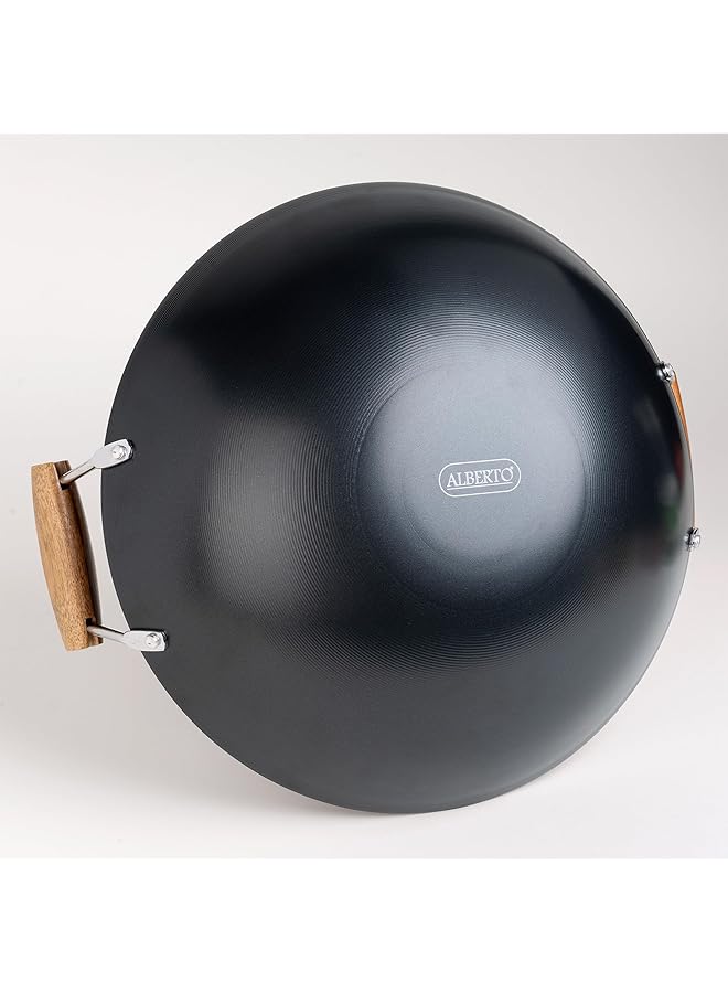 ALBERTO Round Black Wok Carbon Steel Pan With Wooden Handle 38 Cm - Image 3