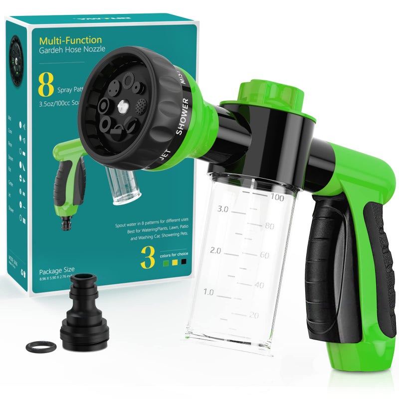 OUTWAY Garden Hose Nozzle, High Pressure Spray Gun Nozzle, 8 Spray Patterns for Watering Plants, Lawn, Patio, Cleaning, Showering Pet with 3.5oz/100cc Soap Dispenser Bottle - Image 1