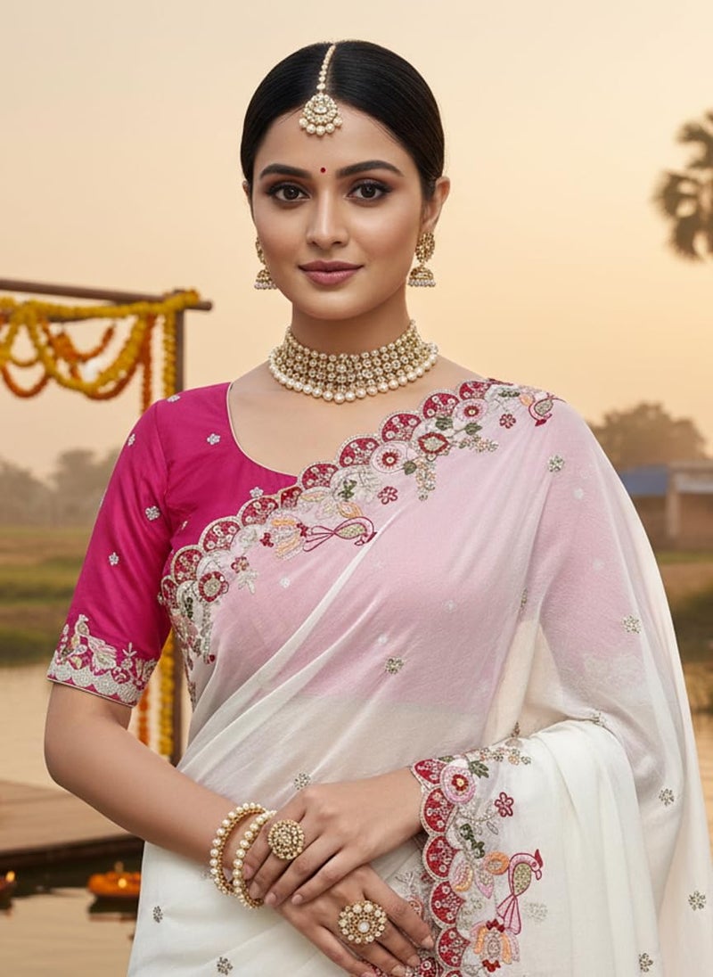 Glory Sarees Women's Silk Georgette Embroidery Work Saree With Blouse Piece (LF846_White) - Image 5
