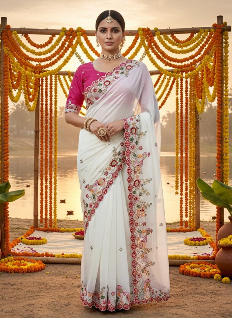 Glory Sarees Women's Silk Georgette Embroidery Work Saree With Blouse Piece (LF846_White) - Image 2