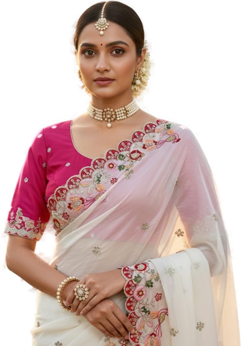 Glory Sarees Women's Silk Georgette Embroidery Work Saree With Blouse Piece (LF846_White) - Image 1