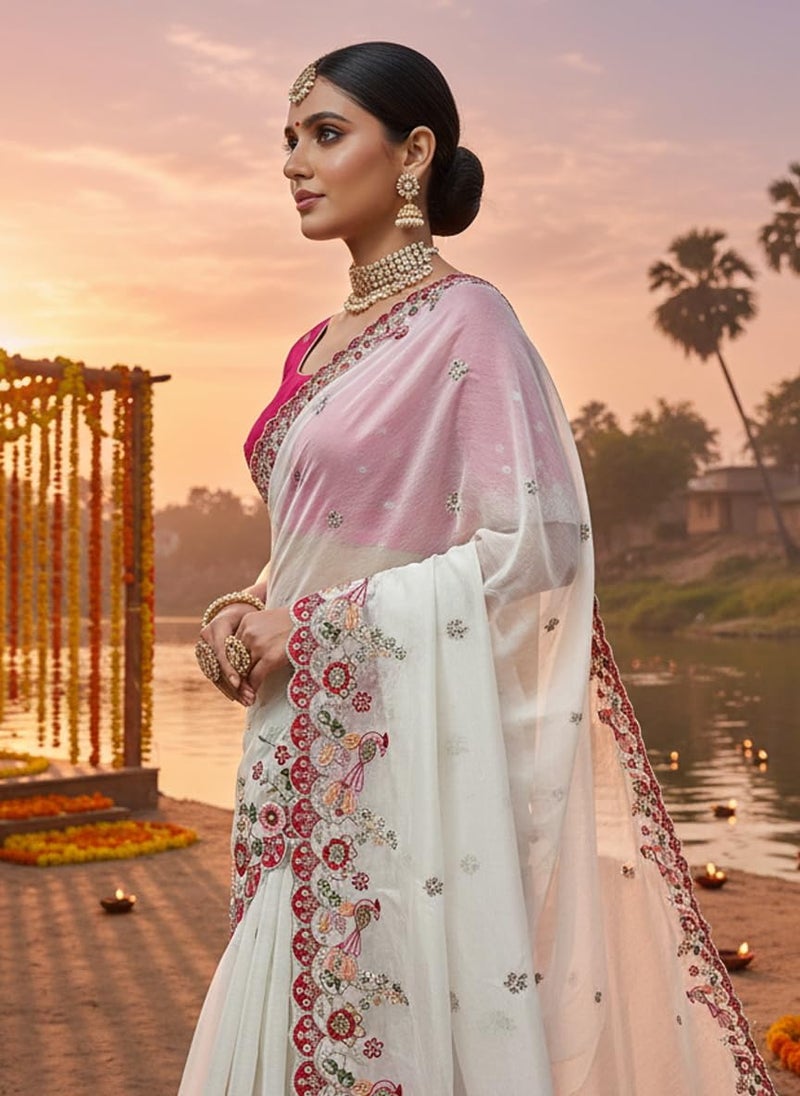 Glory Sarees Women's Silk Georgette Embroidery Work Saree With Blouse Piece (LF846_White) - Image 3