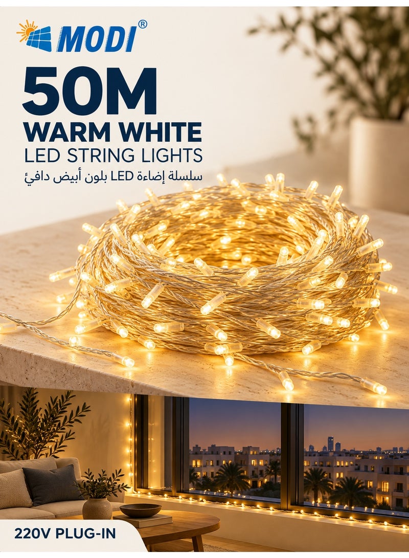 MODI 50M LED Strip Light, 15W 360 LEDs Warm White, IP44 Splash-proof Decorative Rope Light for Balcony, Indoor Decor, Ramadan & Festive Party Amience - Image 1