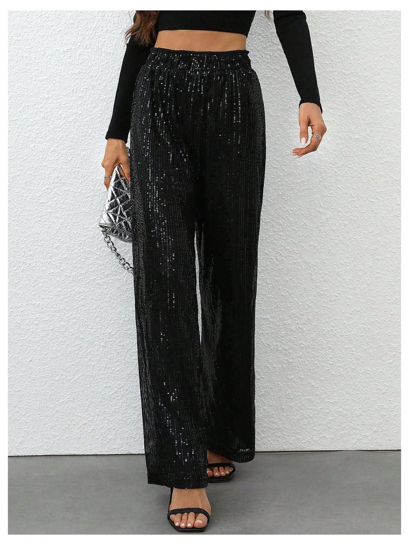 WDIRARA Women's Sequin Sparkle Pants Elastic Waist Wide Leg Party Club Trousers Black Medium - Image 2