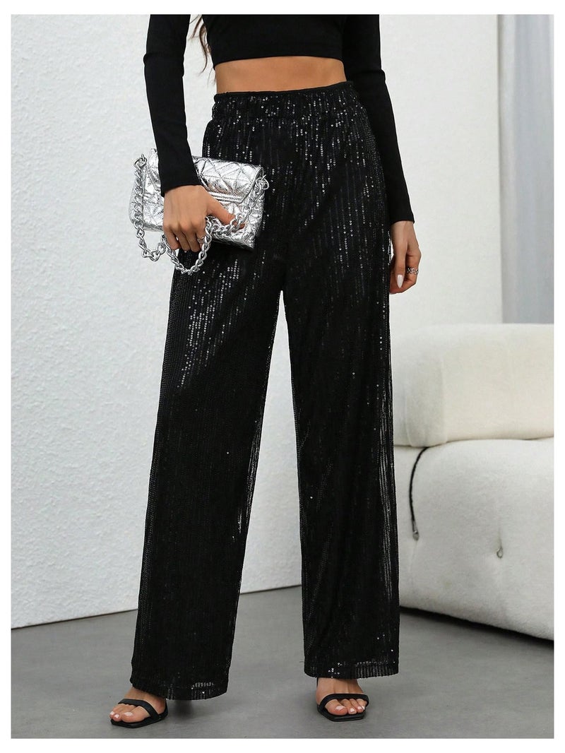 WDIRARA Women's Sequin Sparkle Pants Elastic Waist Wide Leg Party Club Trousers Black Medium - Image 4