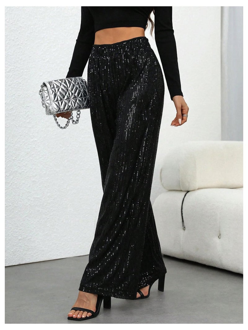 WDIRARA Women's Sequin Sparkle Pants Elastic Waist Wide Leg Party Club Trousers Black Medium - Image 5