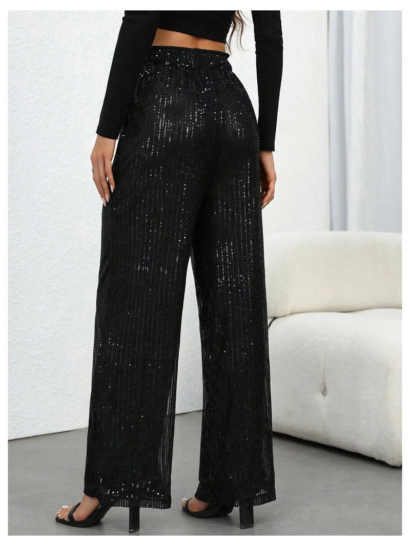 WDIRARA Women's Sequin Sparkle Pants Elastic Waist Wide Leg Party Club Trousers Black Medium - Image 3