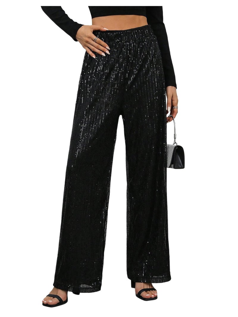 WDIRARA Women's Sequin Sparkle Pants Elastic Waist Wide Leg Party Club Trousers Black Medium - Image 1
