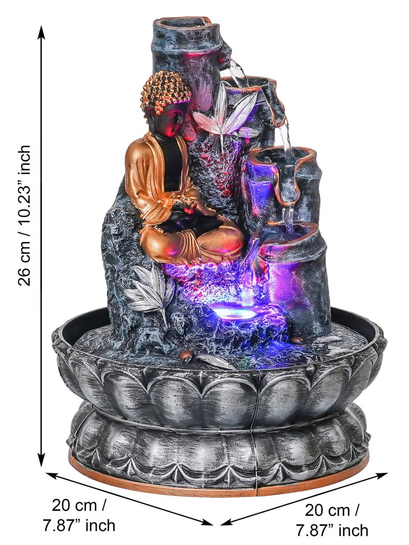 CHRONIKLE Grey Color Polyresin Tabletop Buddha 4 Step Indoor Water Fountain for Home Decor with LED, Speed Control Pump (Size: 20 x 20 x 25.5 CM | Weight: 1010Gram) - Image 3