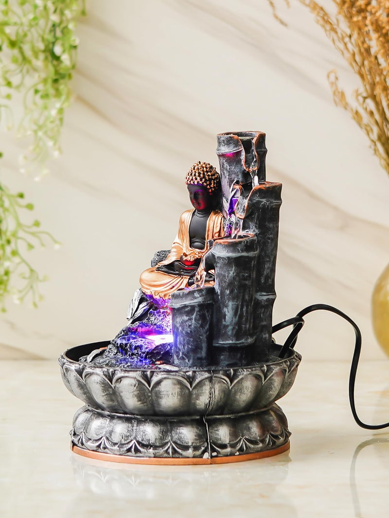 CHRONIKLE Grey Color Polyresin Tabletop Buddha 4 Step Indoor Water Fountain for Home Decor with LED, Speed Control Pump (Size: 20 x 20 x 25.5 CM | Weight: 1010Gram) - Image 2