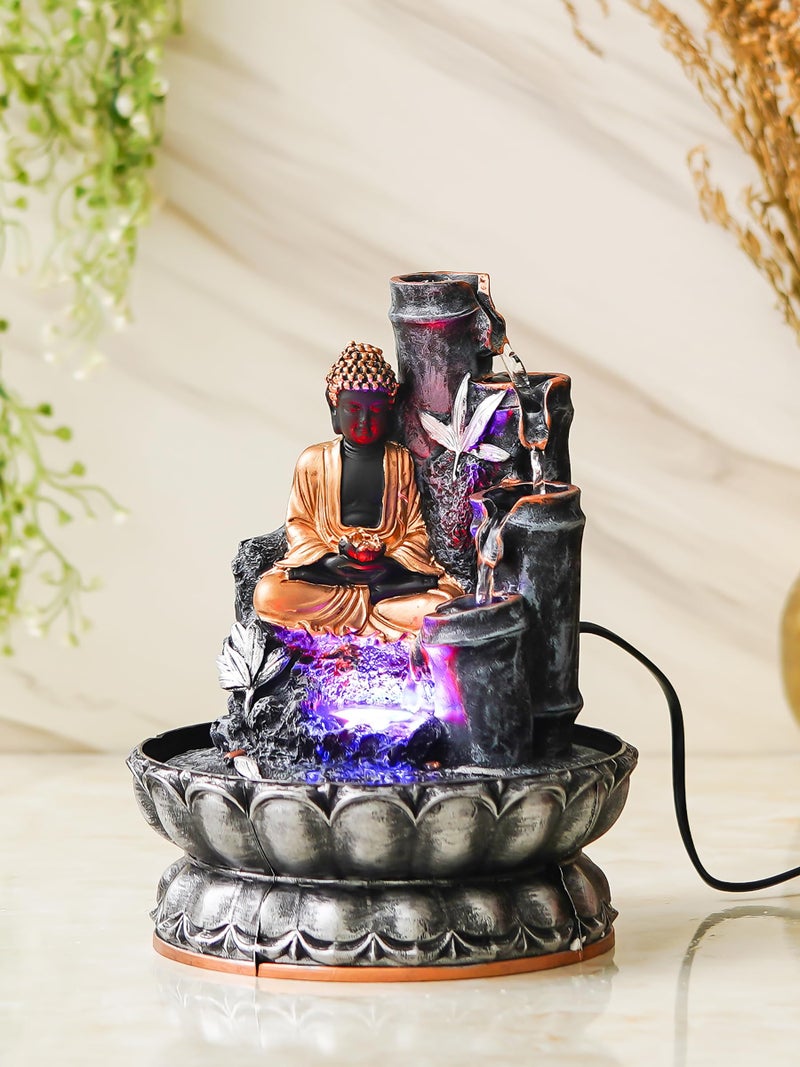 CHRONIKLE Grey Color Polyresin Tabletop Buddha 4 Step Indoor Water Fountain for Home Decor with LED, Speed Control Pump (Size: 20 x 20 x 25.5 CM | Weight: 1010Gram) - Image 1