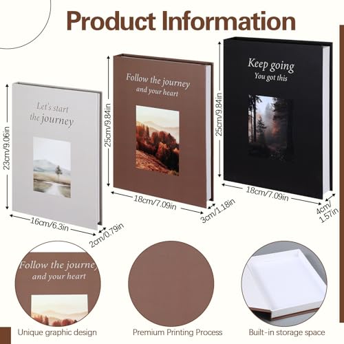 Lerheedi Set of 3 Decorative Faux Books with Photo Storage, Vintage Style Hollow Book Box for Living Room, Coffee Table, Bookshelf Decor, Hidden Storage with Scenic Prints & Quotes as a Keepsake Box - Image 2