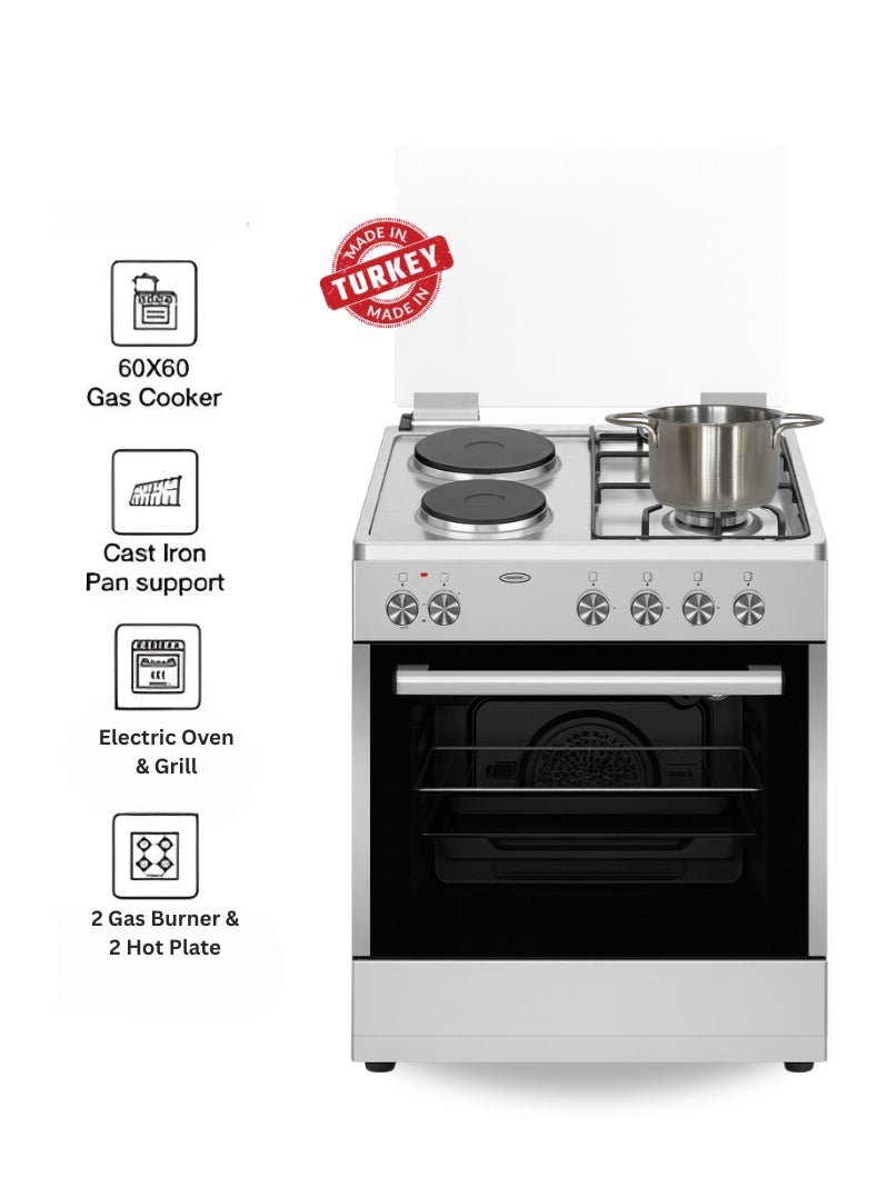 Venus موقد ستانلس ستيل 60x60 سم | 2 شعلات غاز + 2 لوحات كهربائية | فرن وشواية كهربائية | إشعال تلقائي | صنع في تركيا | دعم أواني متين – نموذج VC6622ESD - Image 1