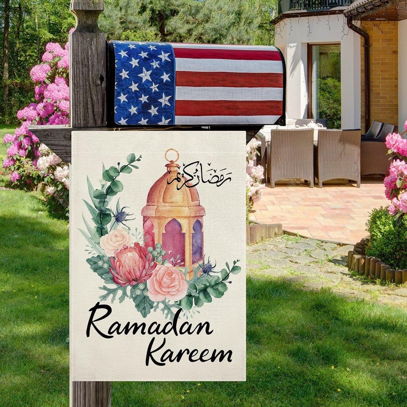 كميجكي علم حديقة رمضان من CMEGKE، زهرة القمر، مزدوج الوجهين عمودي من الخيش، مبارك رمضان، حفلة العيد، ديكور ريفي للمزرعة والفناء والمنزل والحديقة الخارجية، مقاس 12.5 × 18 بوصة - Image 4