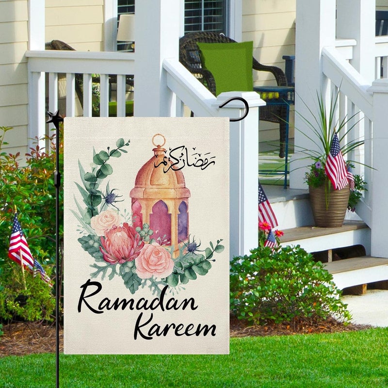 كميجكي علم حديقة رمضان من CMEGKE، زهرة القمر، مزدوج الوجهين عمودي من الخيش، مبارك رمضان، حفلة العيد، ديكور ريفي للمزرعة والفناء والمنزل والحديقة الخارجية، مقاس 12.5 × 18 بوصة - Image 3