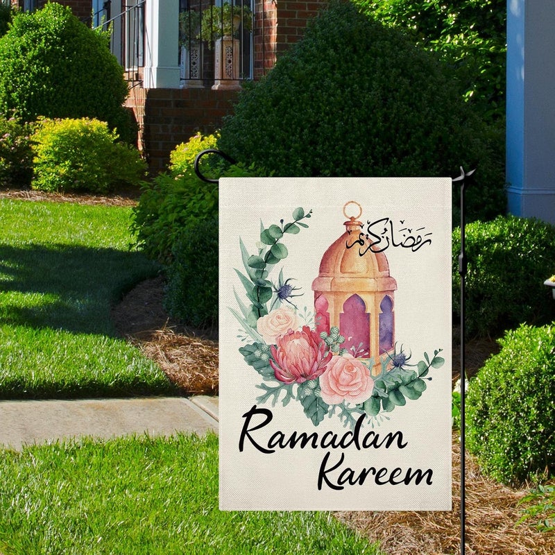 كميجكي علم حديقة رمضان من CMEGKE، زهرة القمر، مزدوج الوجهين عمودي من الخيش، مبارك رمضان، حفلة العيد، ديكور ريفي للمزرعة والفناء والمنزل والحديقة الخارجية، مقاس 12.5 × 18 بوصة - Image 2