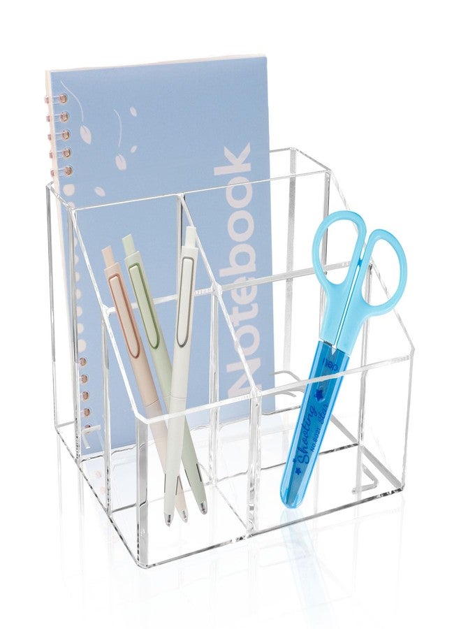 Roucerlin 5-Compartments Clear Pen Holder for Desk, Plastic Makeup Brush Holder, Thickened Pencil Holder Desk Organizer, Office Desktop Pen Organizer Stationery Caddy(Clear) - Image 1