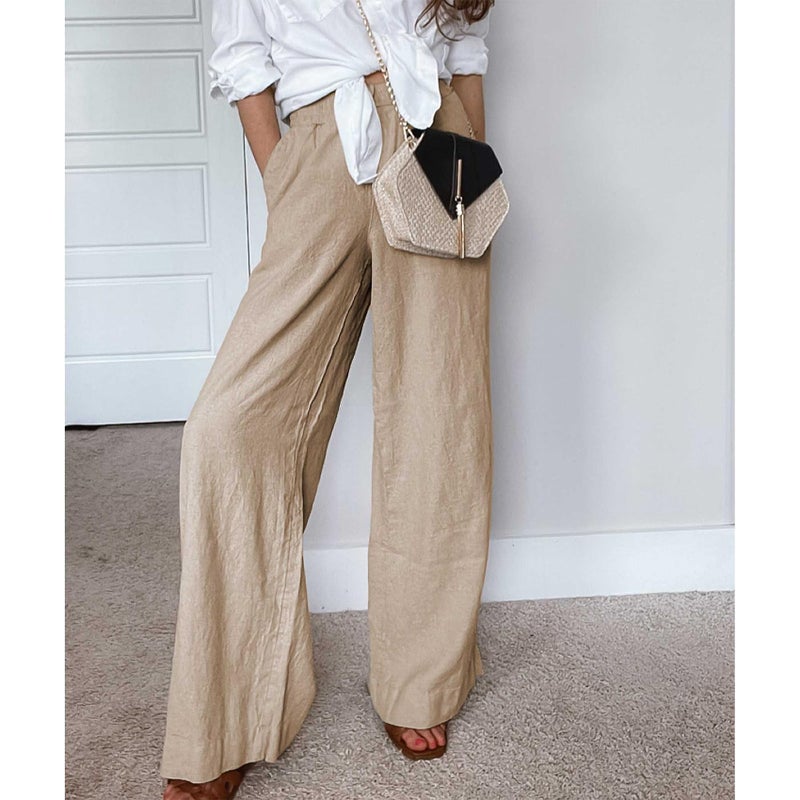 Duyang Womens Cotton Linen Palazzo Pants Drawstring Elastic Waist Casual Wide Leg Trousers with Pockets(Khaki,XS) - Image 3