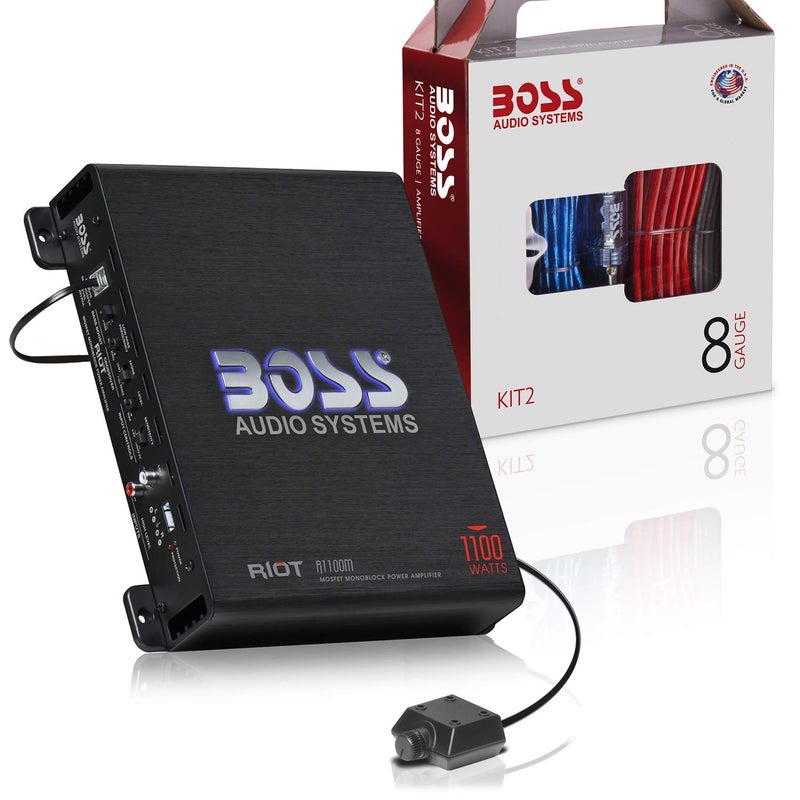 BOSS AUDIO SYSTEMS مضخم صوت السيارة BOSS Audio Systems R1100MK أحادي القناة ومجموعة أسلاك 8 قياس - 1100 إخراج عالي، مدخلات مستوى عالي ومنخفض، تقاطع تمرير منخفض - Image 1