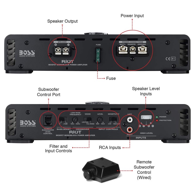 BOSS AUDIO SYSTEMS مضخم صوت السيارة BOSS Audio Systems R1100MK أحادي القناة ومجموعة أسلاك 8 قياس - 1100 إخراج عالي، مدخلات مستوى عالي ومنخفض، تقاطع تمرير منخفض - Image 3