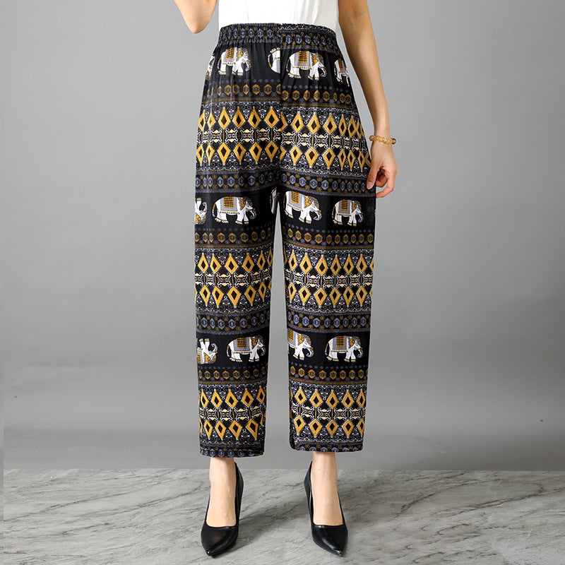 Summer Womens Ice Silk Pants Middle-aged and Elderly Loose Casual Home Pants Elacto Plus Fat Mother Pants Square Sports No. 35 Nine-point Straight Pants 