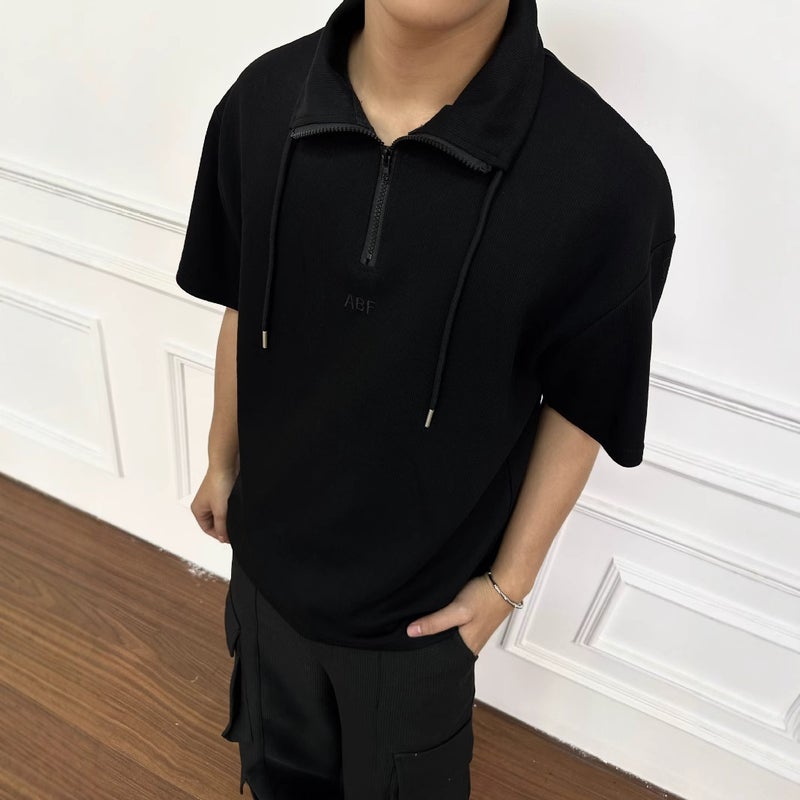 Japanese Retro Street Style Simple Loose Short-Sleeve T-Shirt for Men, Summer Heavyweight Half-Sleeve Top with a Turn-Down Collar Casual Tee Shirt - Image 5