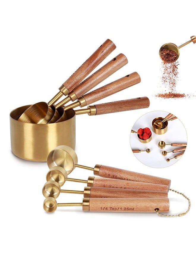 PrettyFine Collection 8 Piece Gold Measuring Cups Set and Measuring Spoons, Golden With fragrant wood Handles-Complete Set of Measure Cups and Spoons For Cooking and Baking.… - Image 1