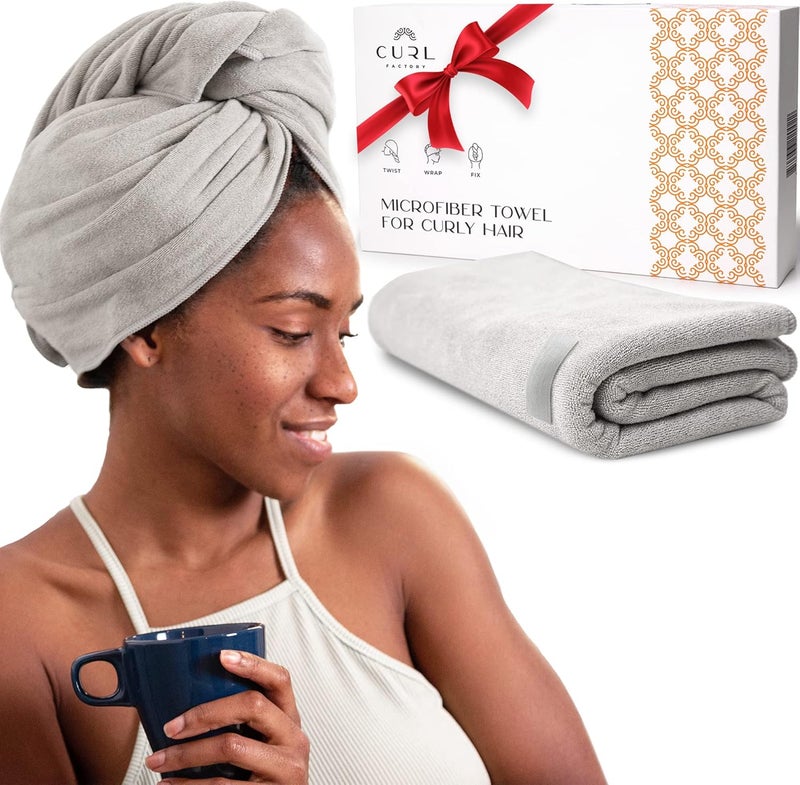 Curl Factory Super Absorbent Quick Dry NoFrizz Soft Microfiber Hair Towel Wrap for Curly Coily or Tight Hair with Robust Elastic Strap for Drying and Plopping 20x40 inch Gray