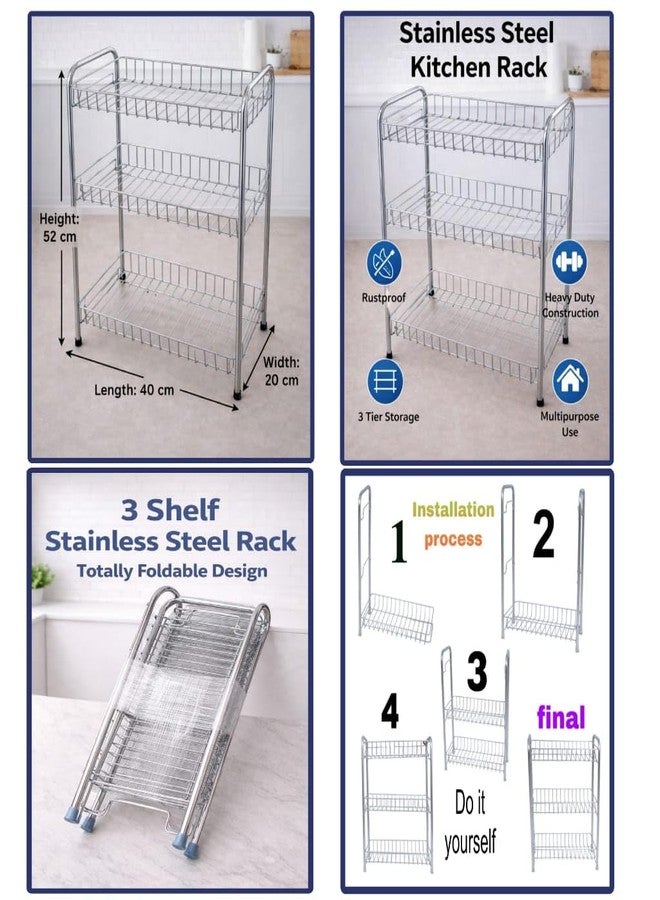 GLOCY 3 Tier Multipurpose Kitchen Rack/Home Storage/Organizer/Bathroom Rack| Spice Containers Rack Stainless Steel Silver Chrome Finish(40x20x52 cm) - Image 4