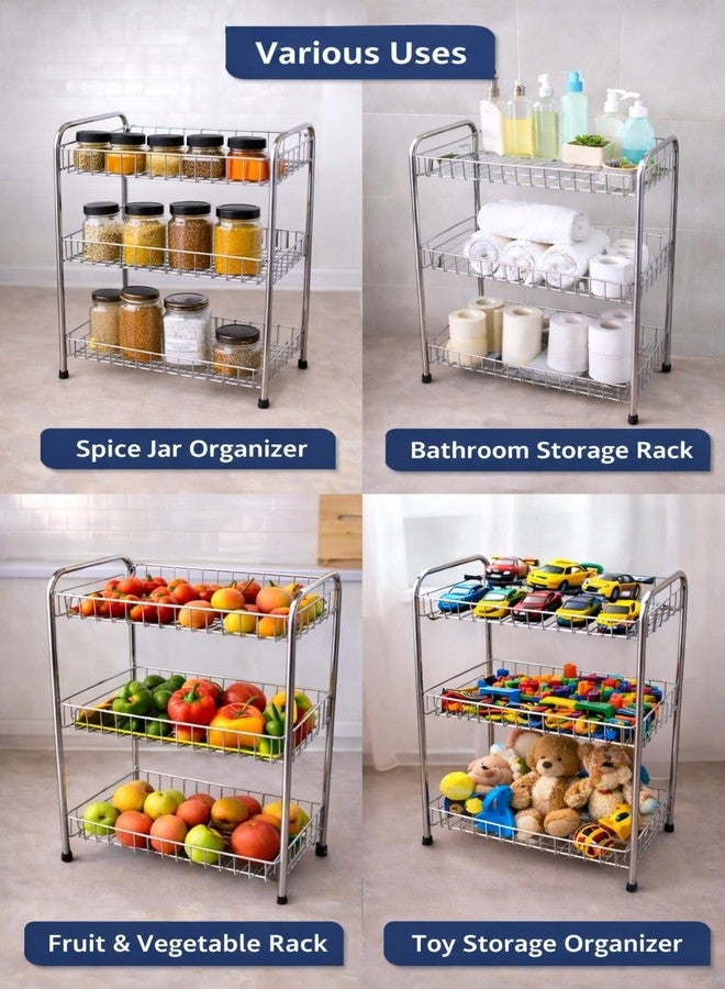 GLOCY 3 Tier Multipurpose Kitchen Rack/Home Storage/Organizer/Bathroom Rack| Spice Containers Rack Stainless Steel Silver Chrome Finish(40x20x52 cm) - Image 2