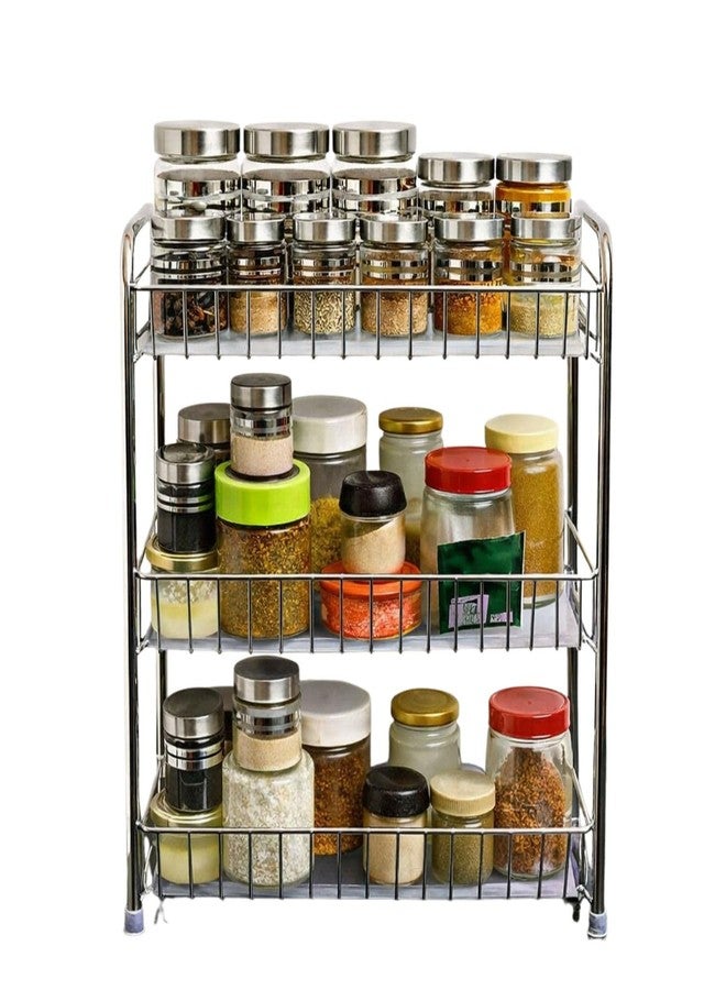 GLOCY 3 Tier Multipurpose Kitchen Rack/Home Storage/Organizer/Bathroom Rack| Spice Containers Rack Stainless Steel Silver Chrome Finish(40x20x52 cm) - Image 1