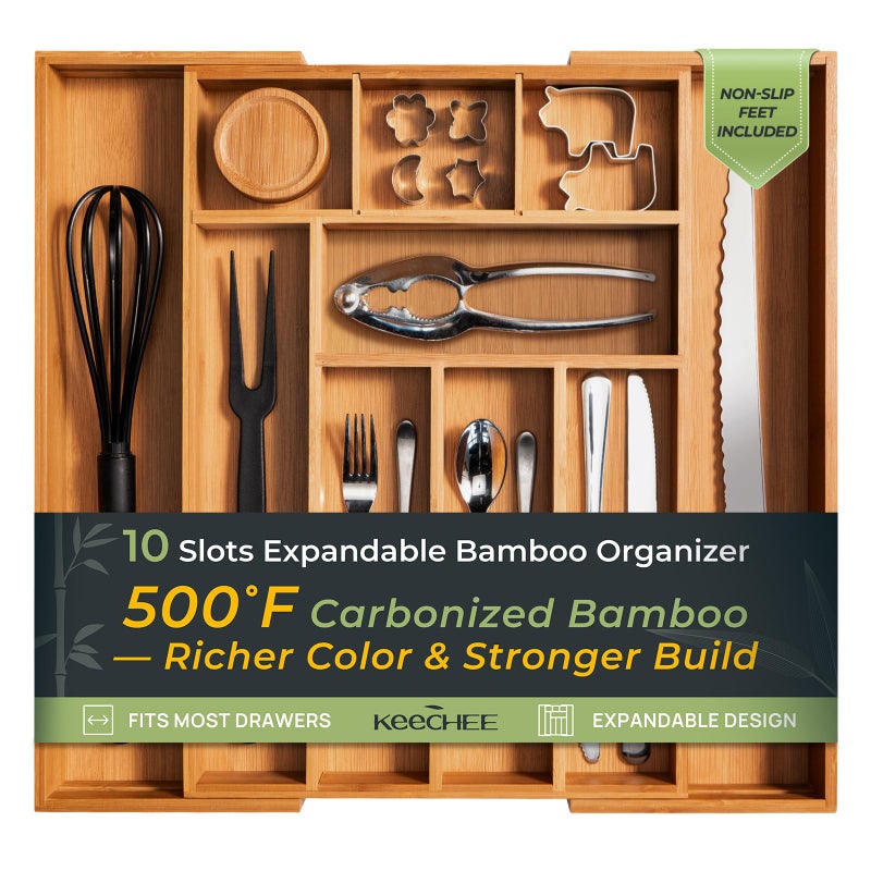 keechee Carbonized Bamboo Kitchen Drawer Organizer, 10 Slots Expandable Silverware Organizer, Utensil Holder & Cutlery Tray, 2.2" Deep for Extra Capacity, Non-Slip Feet Included - Image 1