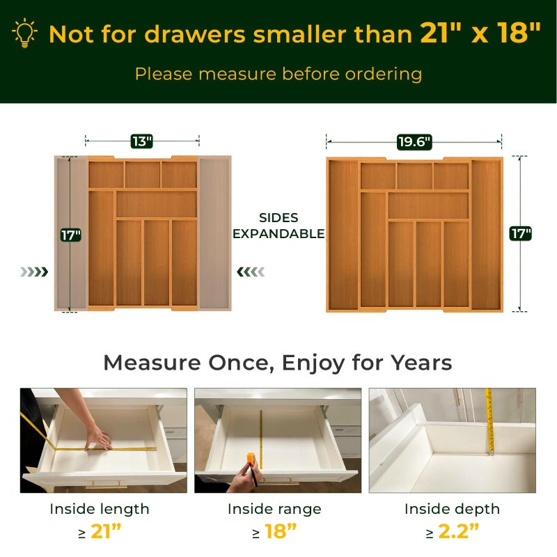 keechee Carbonized Bamboo Kitchen Drawer Organizer, 10 Slots Expandable Silverware Organizer, Utensil Holder & Cutlery Tray, 2.2" Deep for Extra Capacity, Non-Slip Feet Included - Image 2
