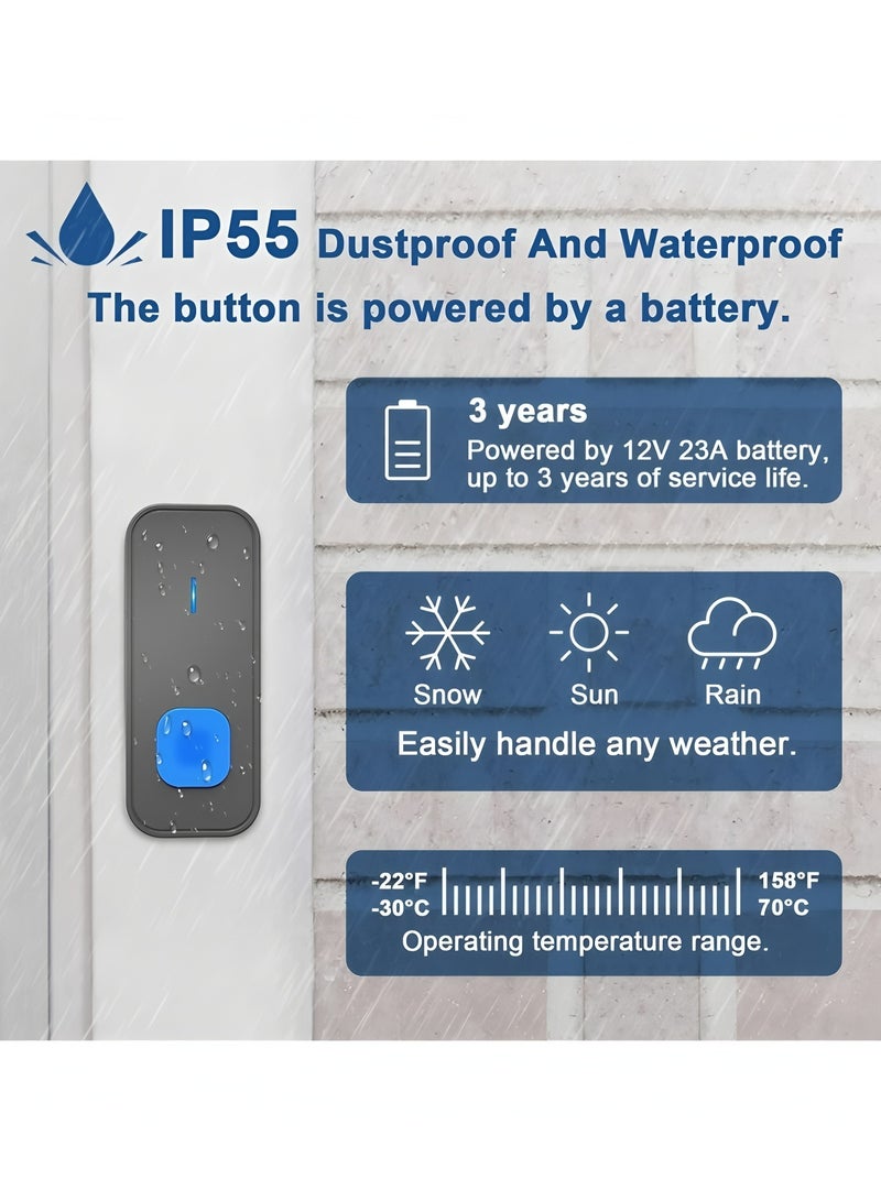 Flyview Waterproof Ip55 Wireless Doorbell, Wireless Ring Bell 1300 Ft/400M Remote Doorbell,55 Chimes 5 Volume,Colorful Led Flashing,110 Db Loud Volume (1receiver + 1Buttons) - Image 3
