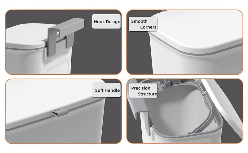 Meneflix Meneflix Kitchen Compost Bin Hanging Kitchen Cabinet Door Cupboard Bins with Lid or Wall Sticking Bathroom Trash Can with Sliding Cover for Bathroom Toilet Motorhome Bedroom 9L GREY  - Image 3